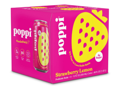 Poppi Strawberry Lemon Prebiotic Soda, 12 oz, 4 Pack Cans